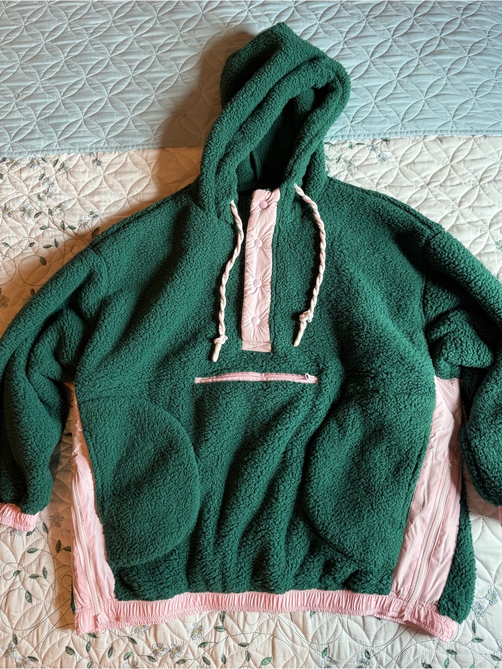 Altar'd State Green Sherpa Pullover with Pink Trim